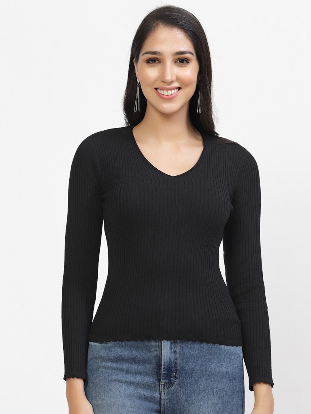 

Kalt Ribbed V-Neck Cotton Fitted Top, Black