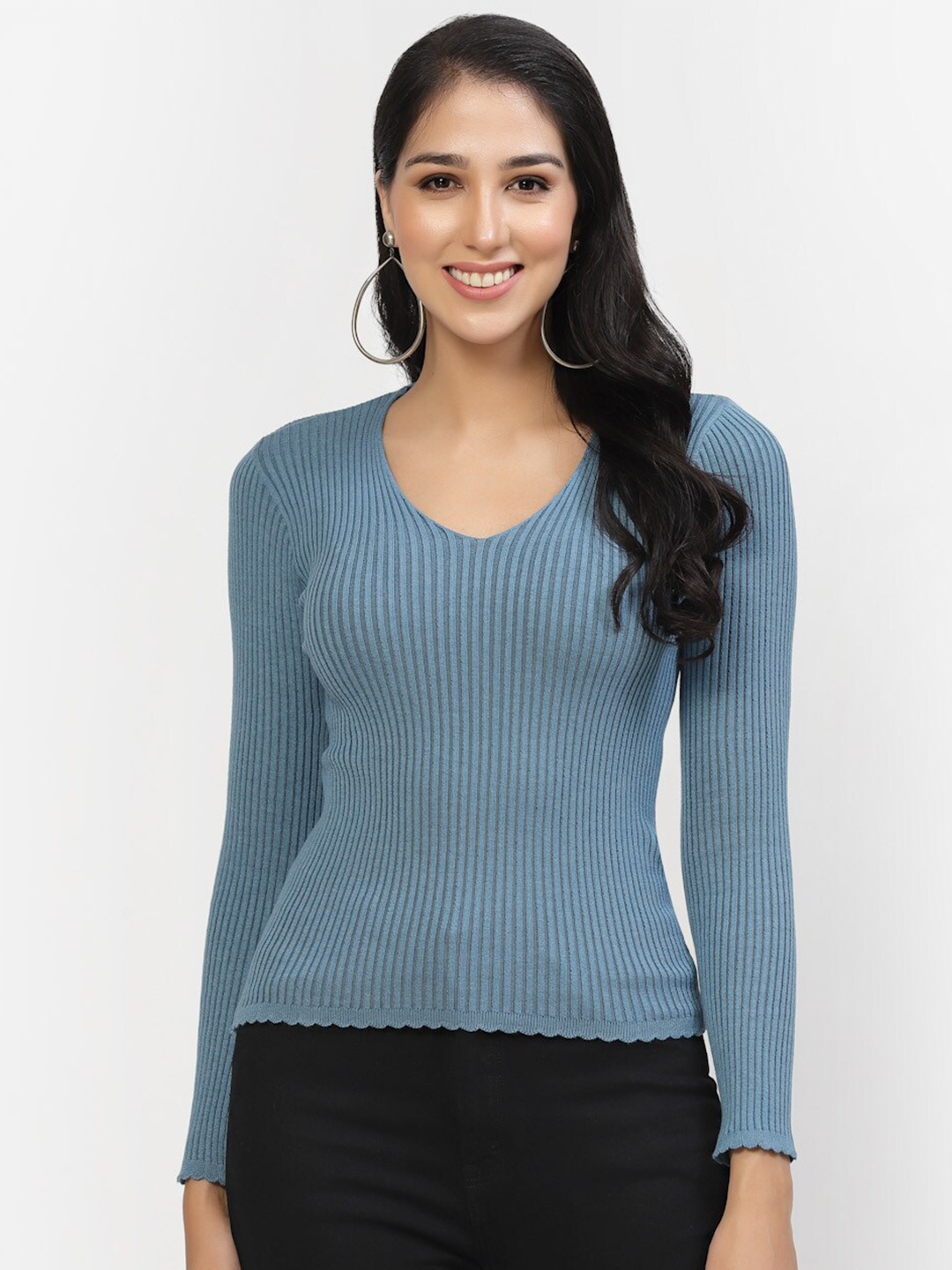 

Kalt Ribbed V-Neck Cotton Fitted Top, Blue