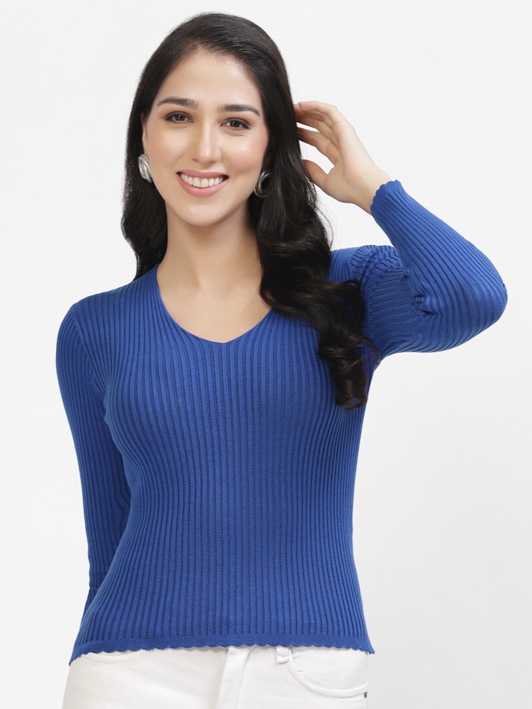 

Kalt Ribbed V-Neck Cotton Fitted Top, Blue