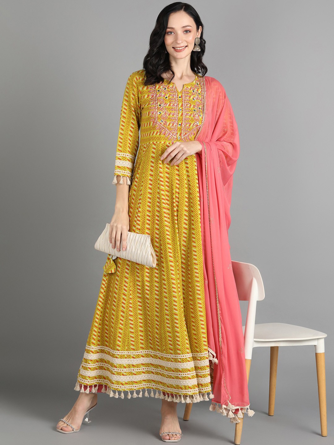 

AAYUMI Printed Regular Mirror Work Pure Cotton Kurta with Trousers & Dupatta, Yellow