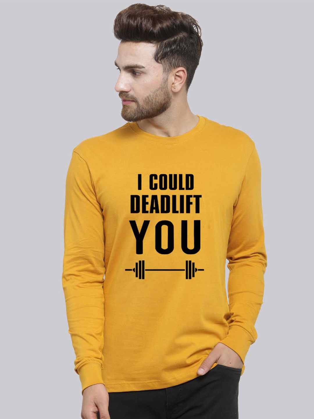 

Friskers Slim Fit Typography Printed Pure Cotton Long Sleeves T-shirt, Mustard