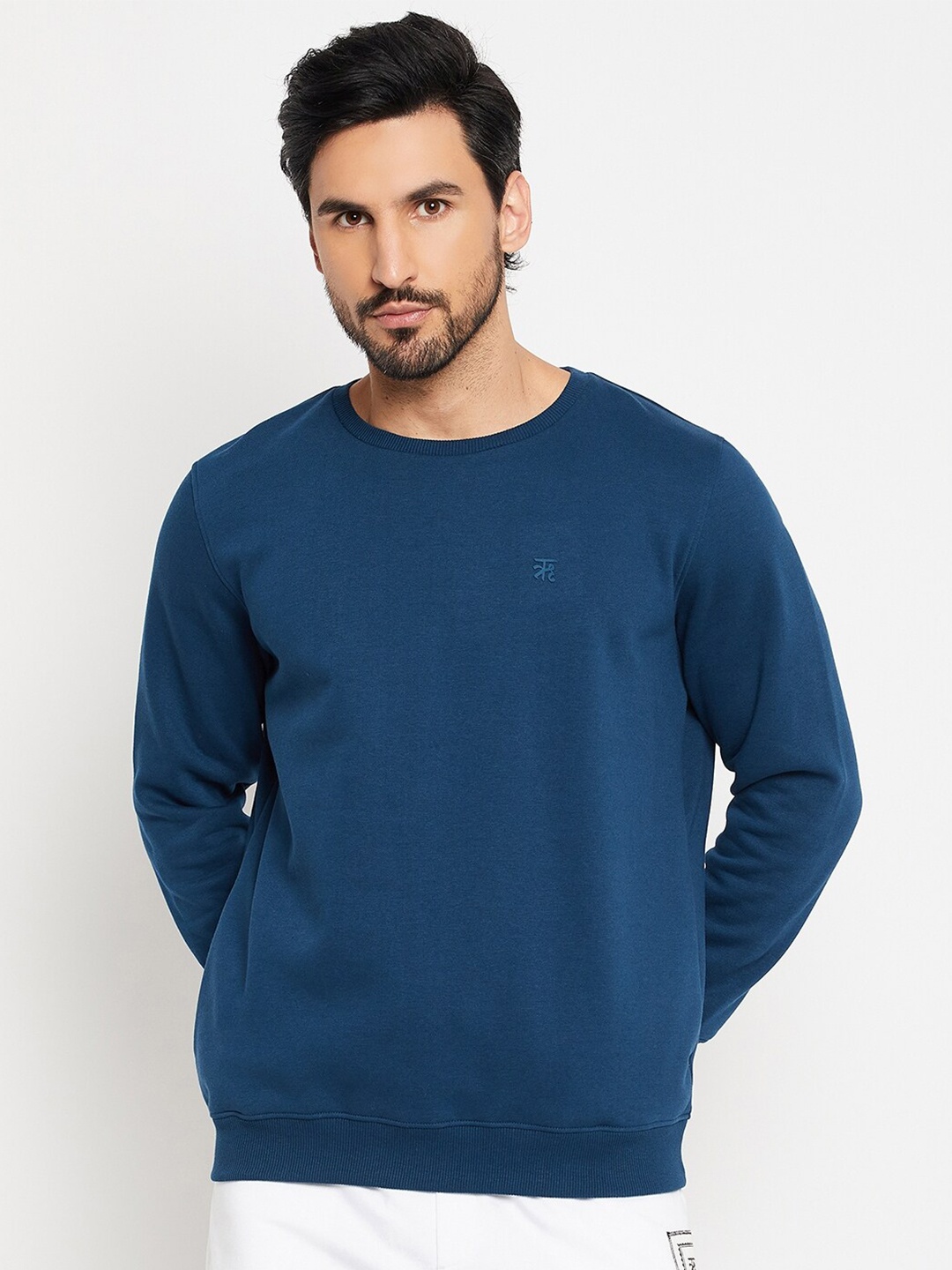 

EDRIO Round Neck Long Sleeves Cotton Pullover Sweatshirt, Navy blue