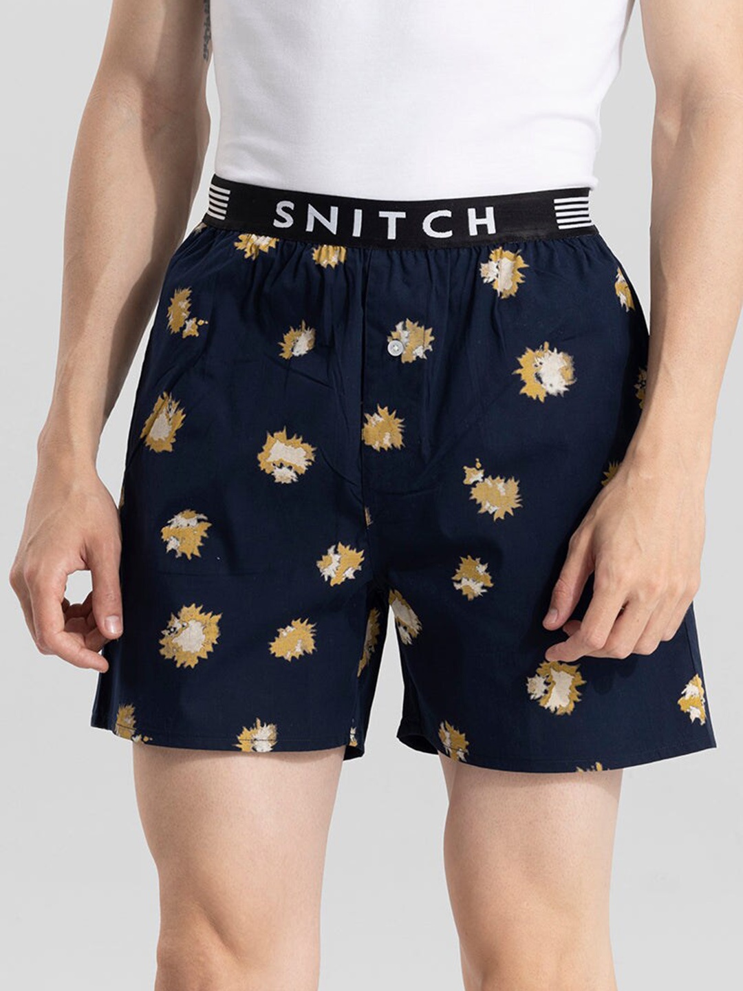 

Snitch Navy Blue & Beige Printed Cotton Outer Elastic Boxers 4MSBX9217-02-S