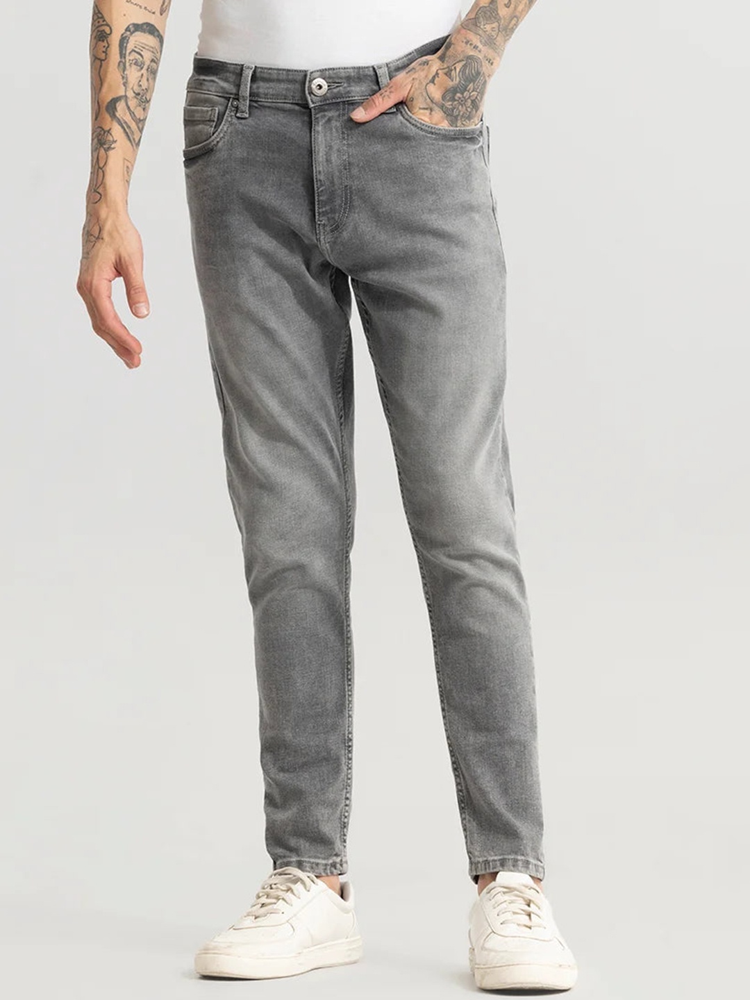 

Snitch Men Smart Slim Fit Clean Look Heavy Fade Stretchable Jeans, Grey