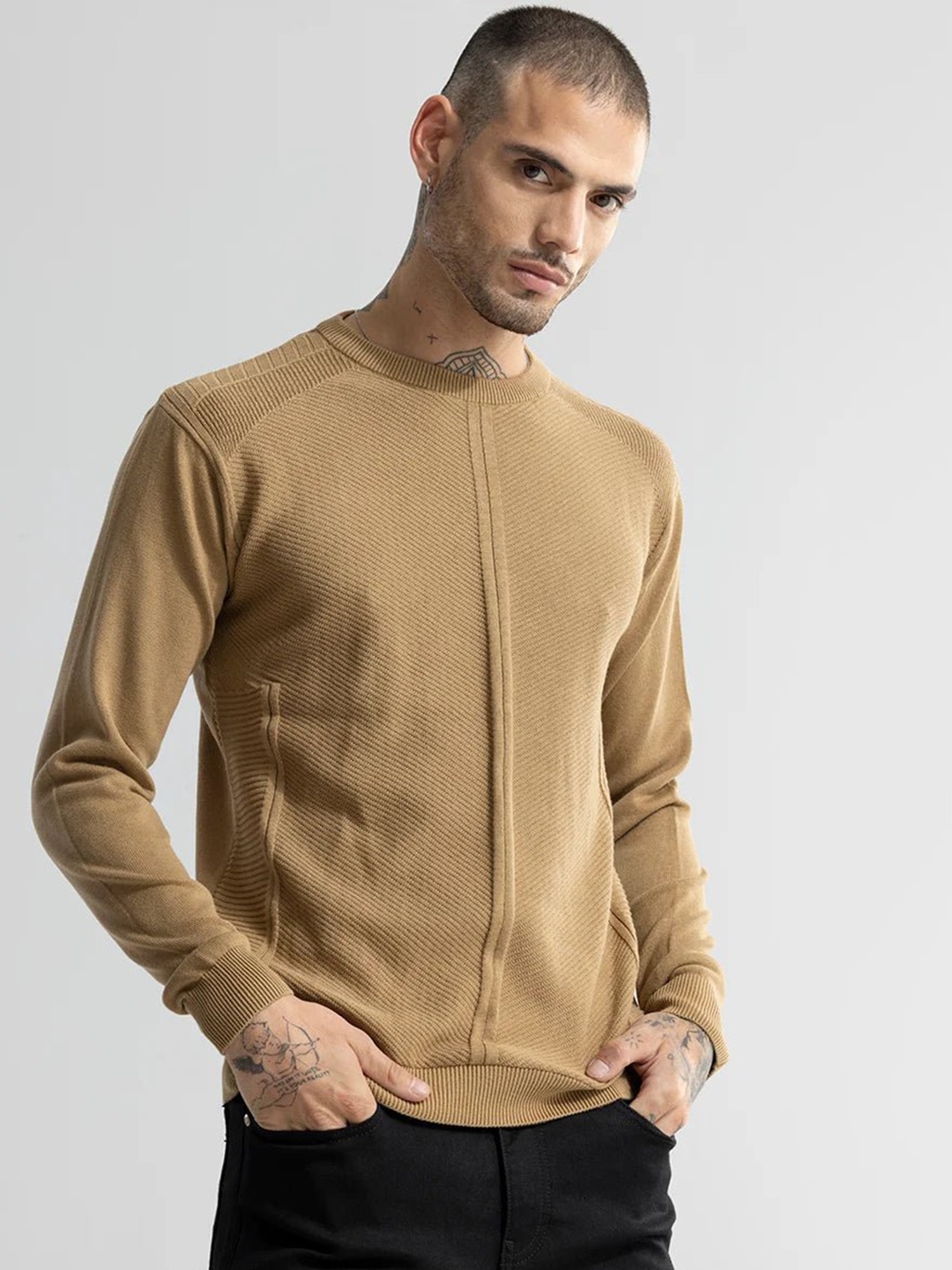 

Snitch Beige Round Neck Pure Cotton Pullover