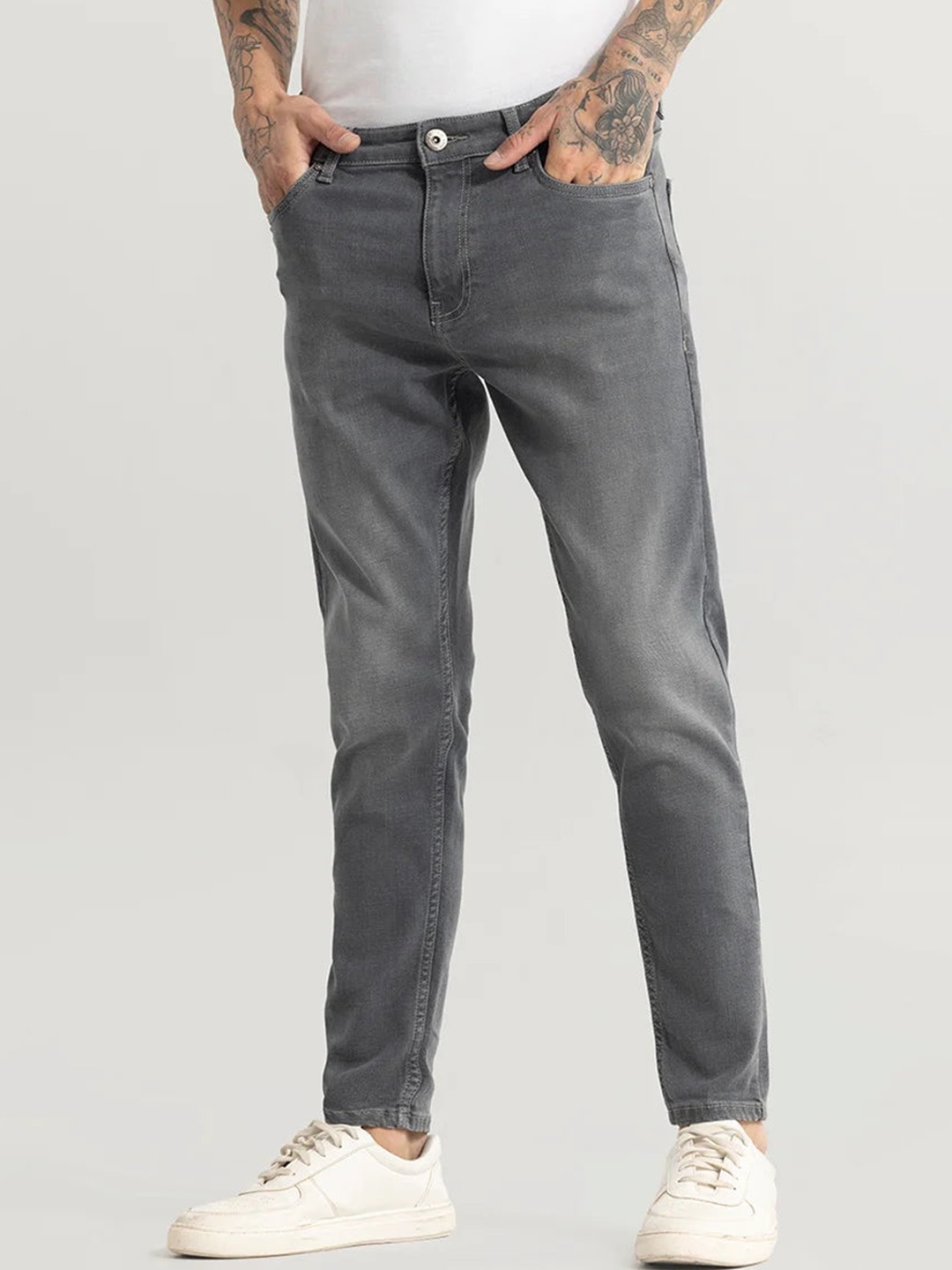 

Snitch Men Smart Slim Fit Clean Look Heavy Fade Stretchable Jeans, Grey