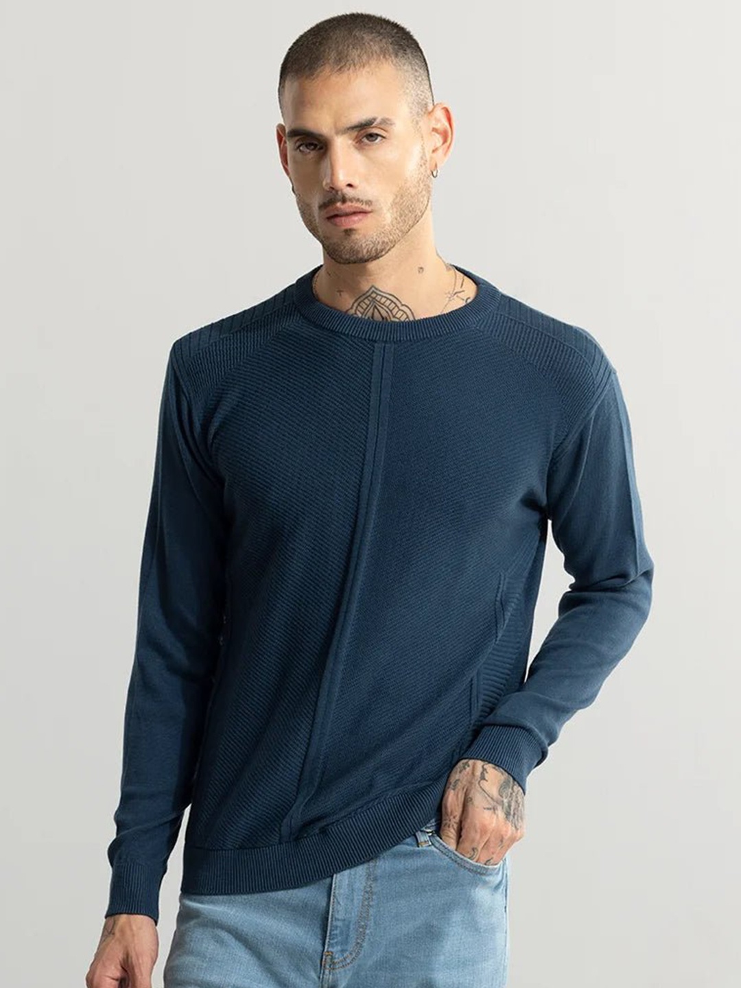 

Snitch Navy Blue Hooded Pure Cotton Pullover Sweater