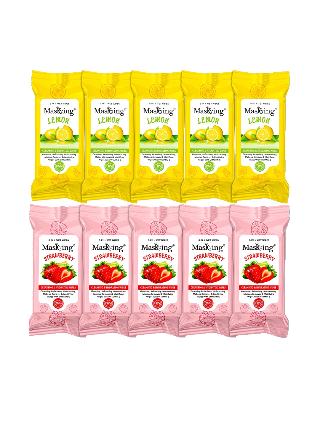 

MasKing Set Of 10 Lemon & Strawberry Mini Wipes - 8 Pulls per Pack, Yellow