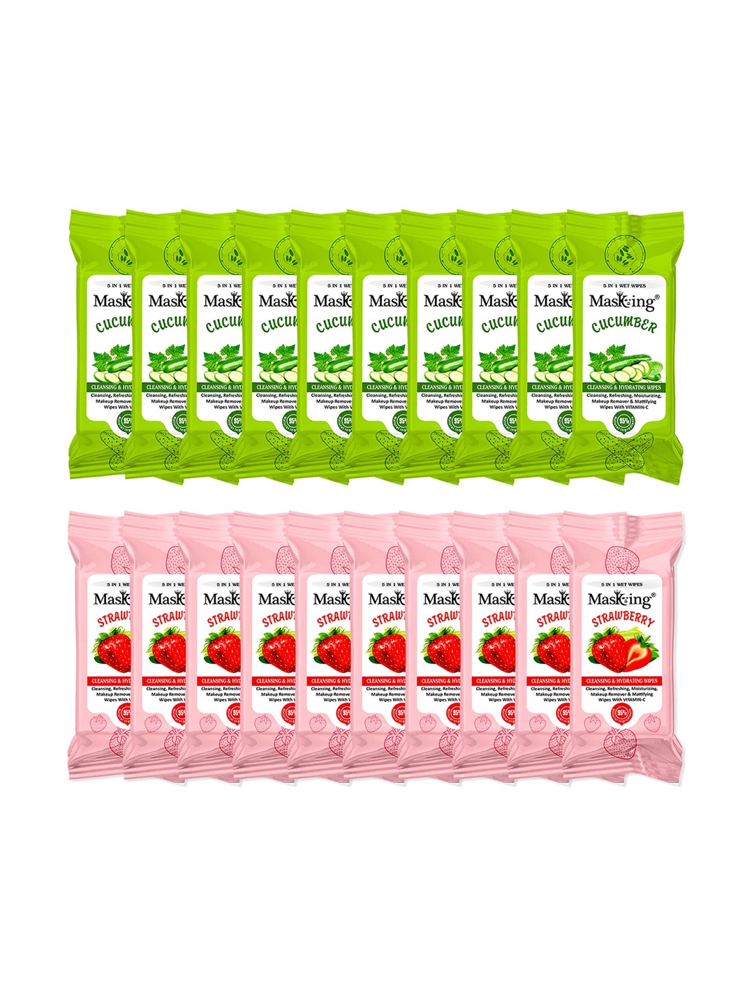 

MasKing Set Of 20 Cucumber & Strawberry Mini Wipes - 5 Pulls In One Pack, Pink