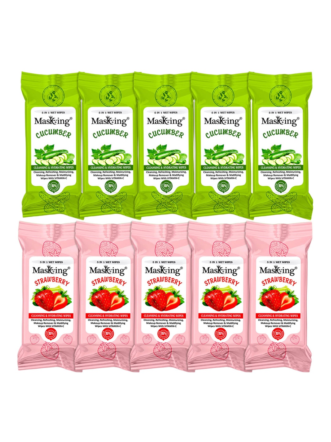 

MasKing Set Of 10 Cucumber & Strawberry Mini Wipes - 5 Pulls In One Pack, Pink