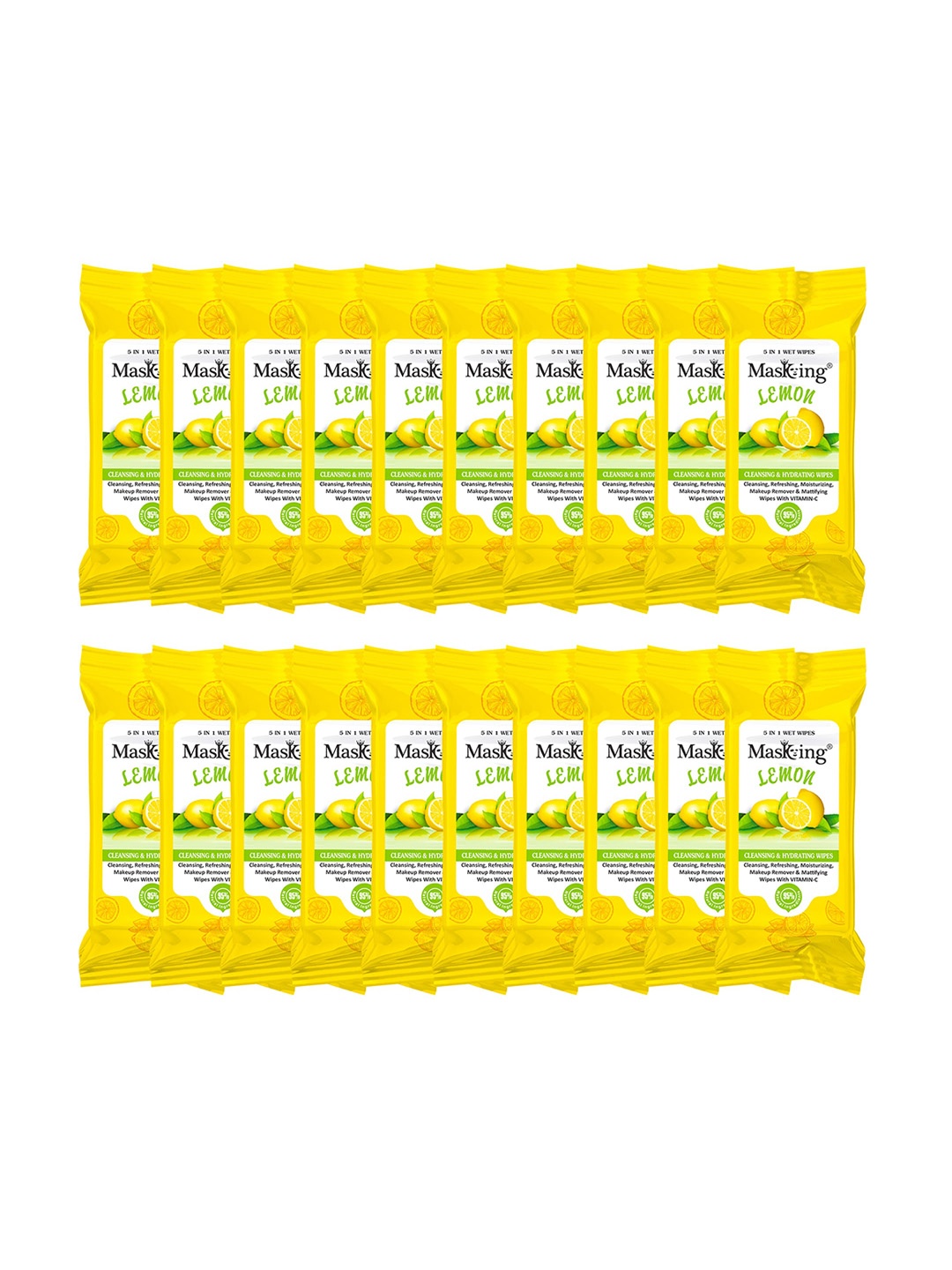 

MasKing Set Of 20 Lemon Mini Cleansing & Hydrating Wipes - 8 Pulls per Pack, Yellow