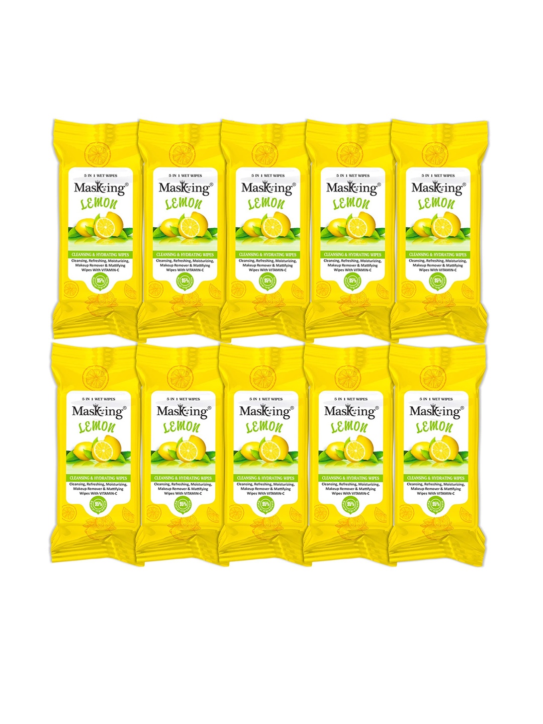 

MasKing Set Of 10 Lemon Mini Cleansing & Hydrating Wipes - 8 Pulls per Pack, Yellow