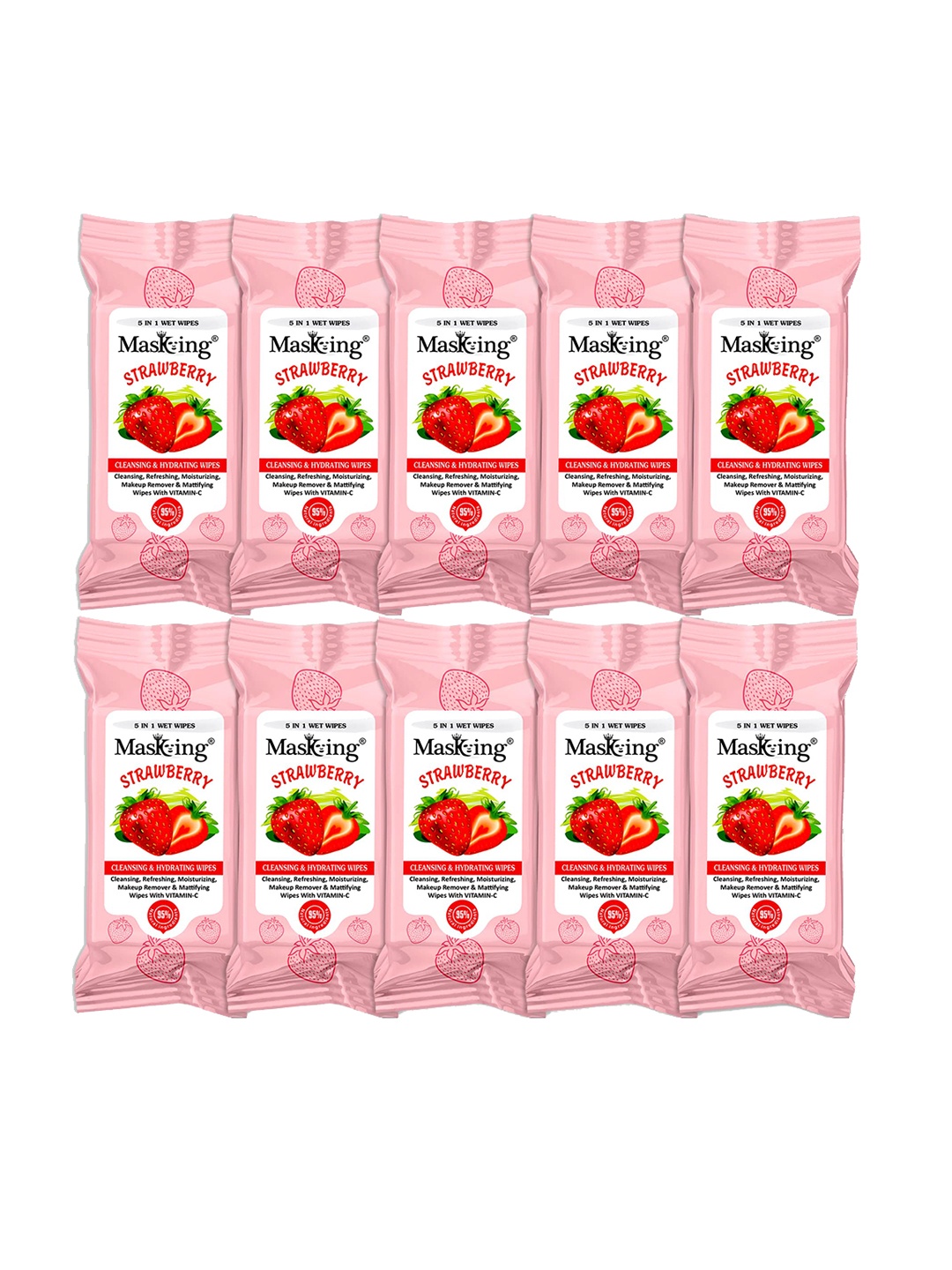 

MasKing Set Of 10 Strawberry Mini Cleansing & Hydrating Wipes - 8 Pulls per Pack, Pink