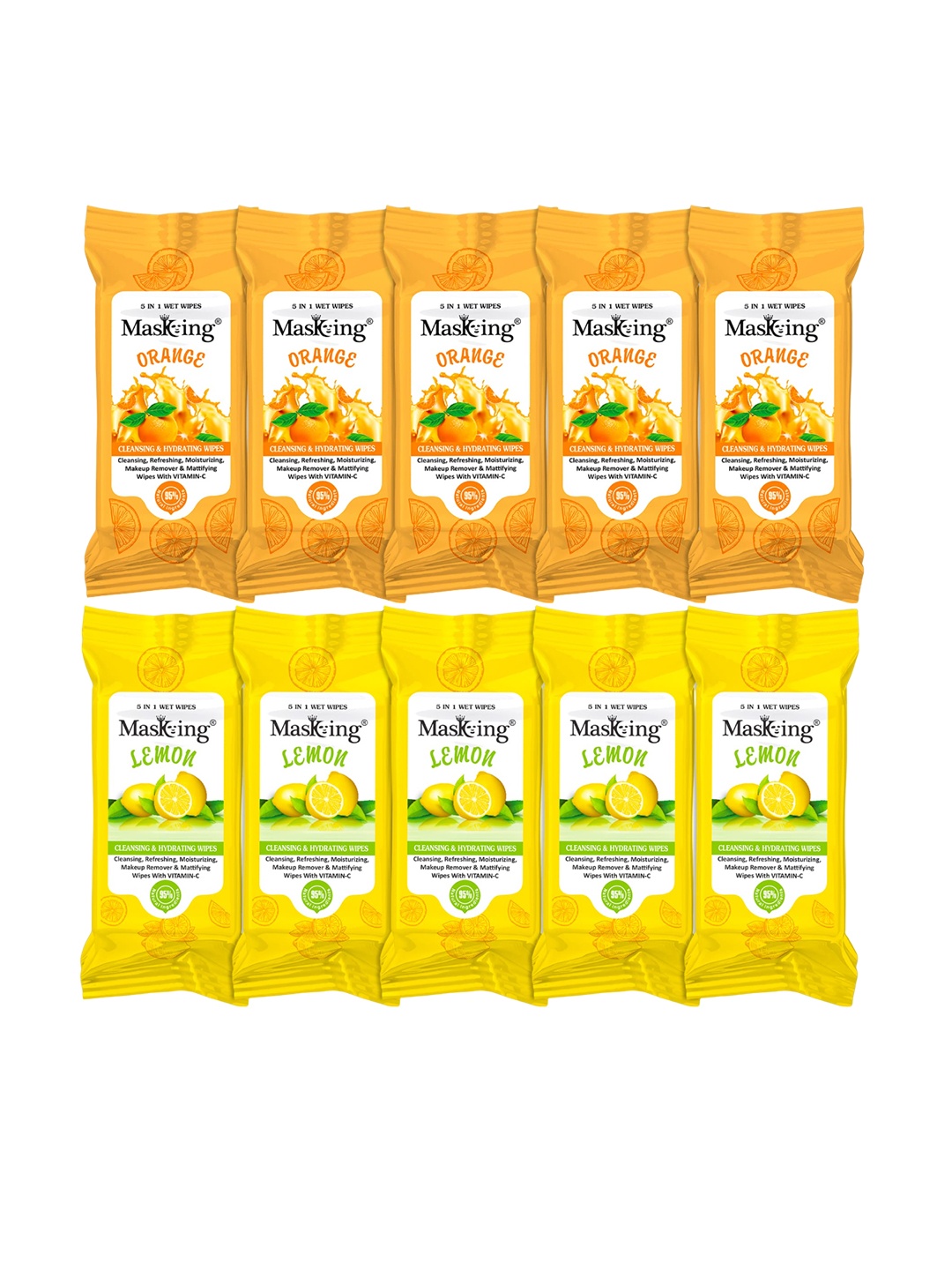 

MasKing Set Of 10 Orange & Lemon Mini Cleansing & Hydrating Wipes - 5 Pulls In One Pack