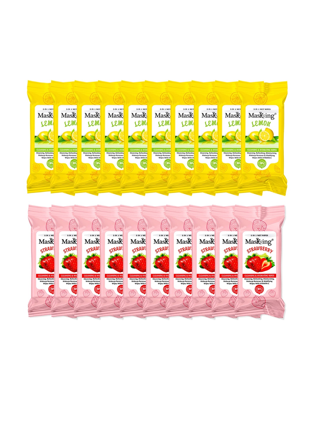 

MasKing Set Of 20 Lemon & Strawberry Mini Wipes - 5 Pulls In One Pack, Yellow