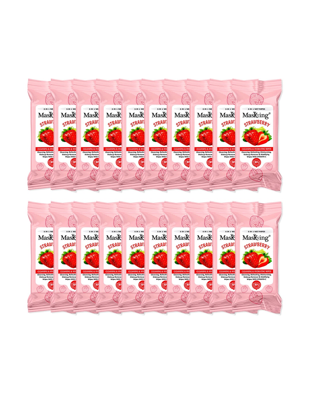 

MasKing Set Of 20 Strawberry Mini Cleansing & Hydrating Wipes - 8 Pulls per Pack, Pink