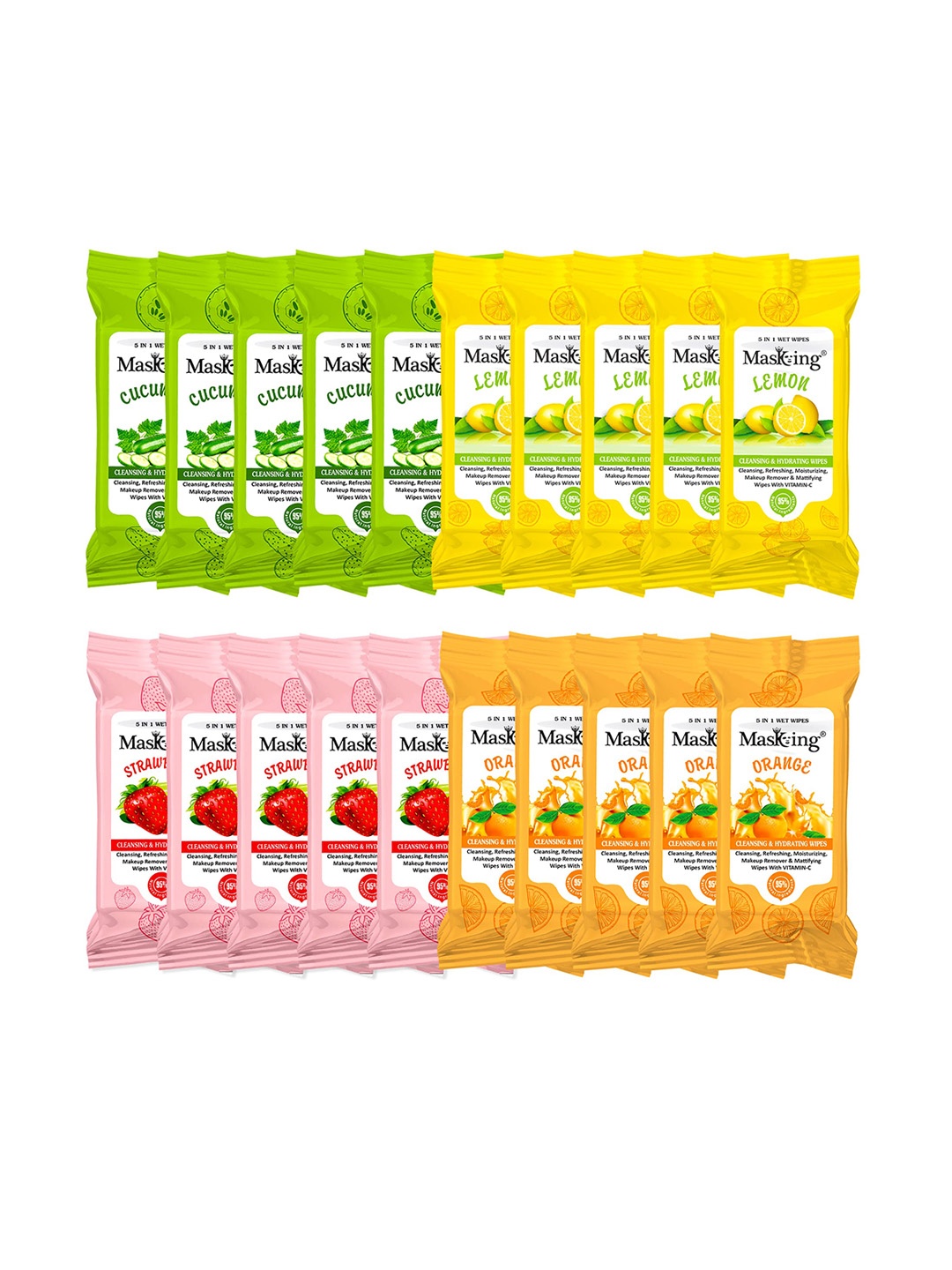 

MasKing Set Of 20 Cucumber-Lemon-Strawberry-Orange Mini Wipes - 8 Pulls per Pack, Green