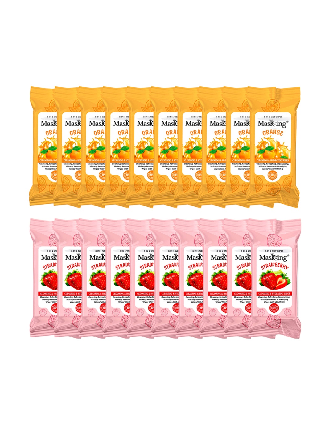 

MasKing Set Of 20 Strawberry & Orange Mini Wipes - 8 Pulls per Pack, Pink