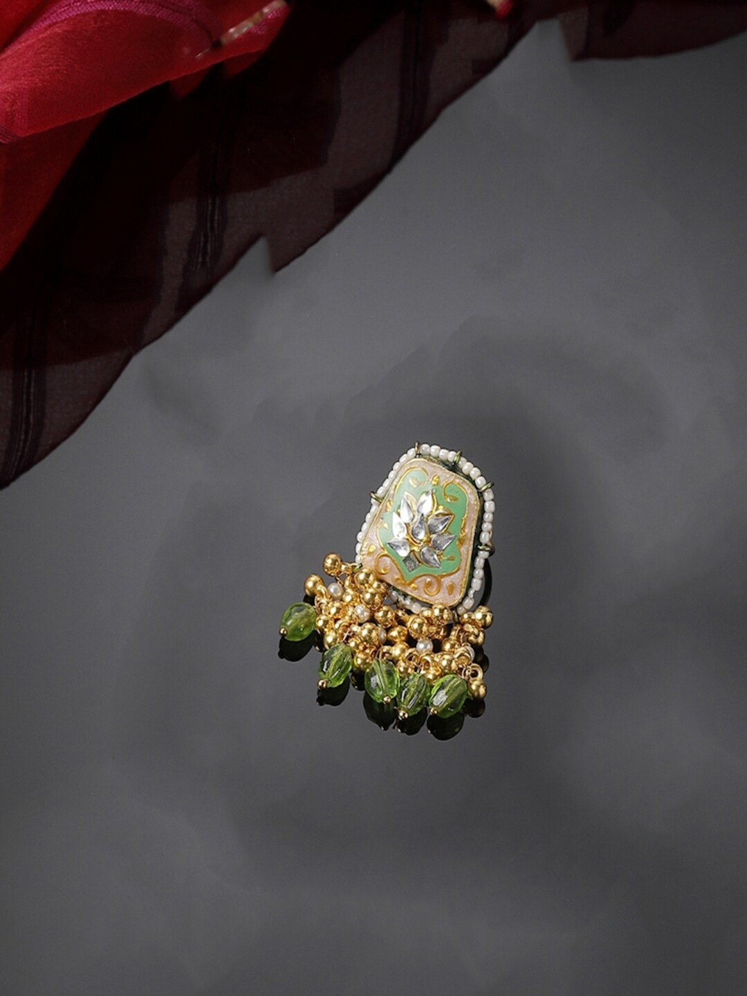 

DUGRISTYLE Gold-Plated Beads & Kundan Studded Adjustable Finger Ring