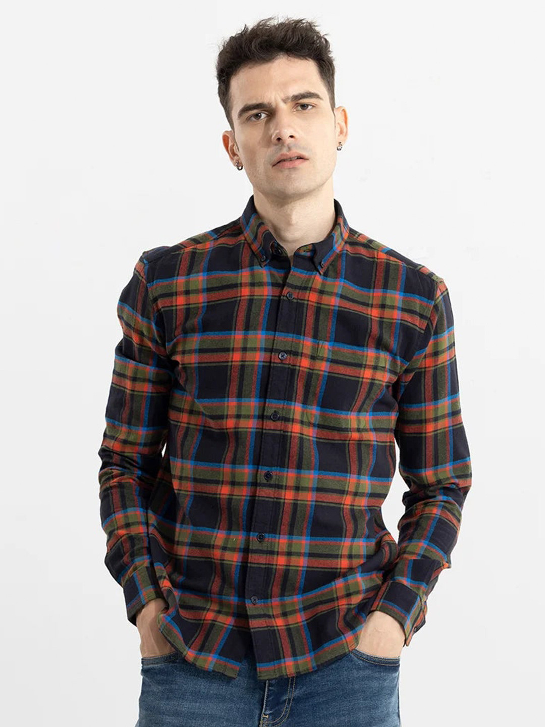 

Snitch Black & Orange Classic Slim Fit Tartan Checked Opaque Cotton Casual Shirt