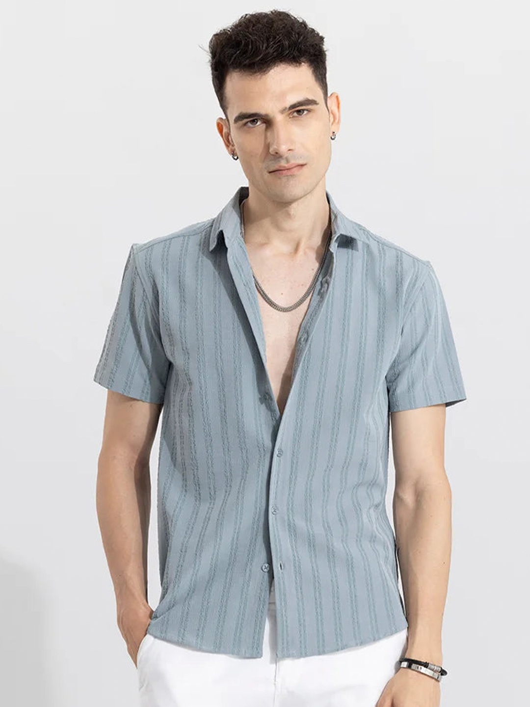 

Snitch Blue Classic Slim Fit Opaque Striped Casual Shirt