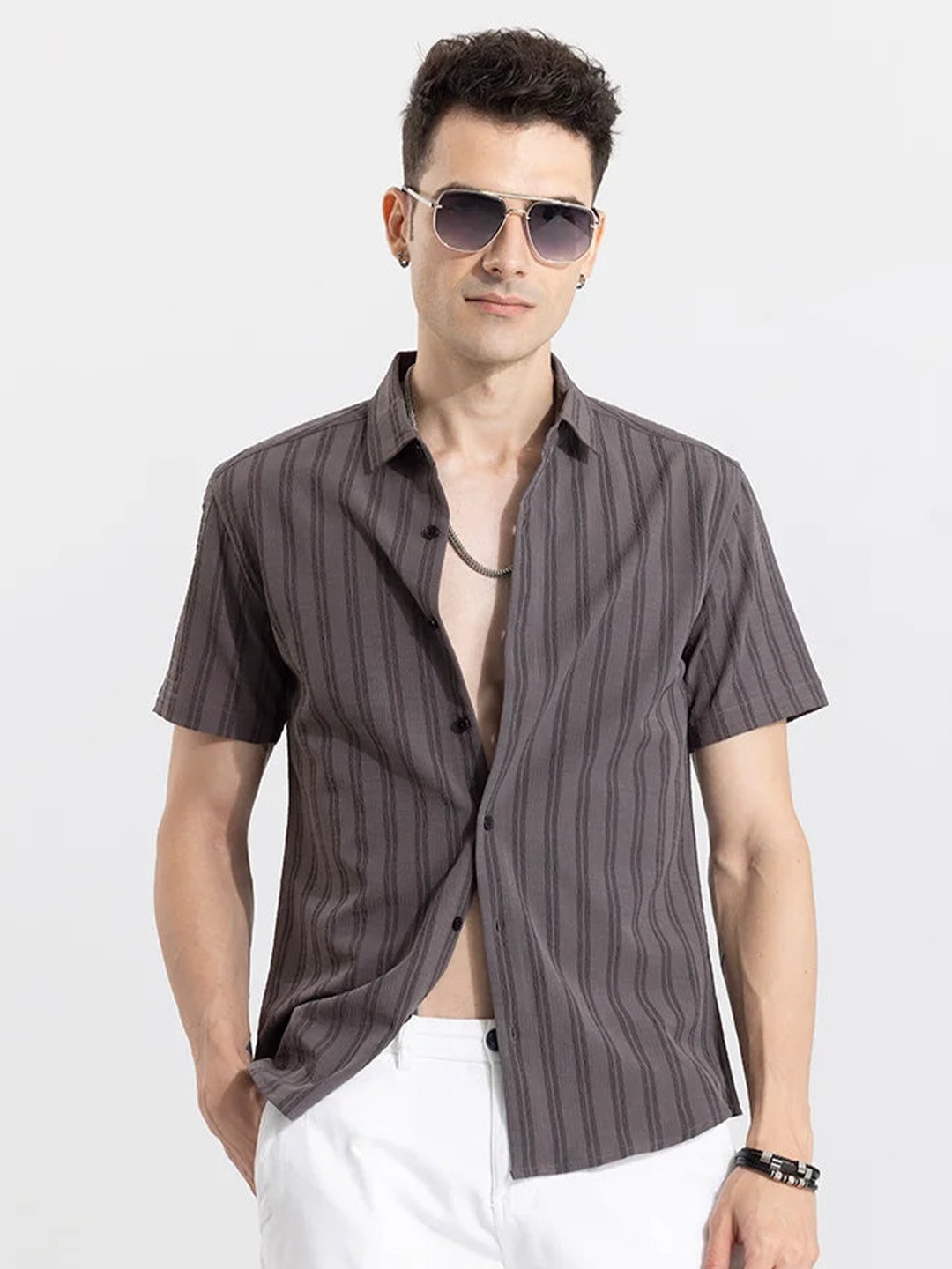 

Snitch Grey Classic Slim Fit Opaque Striped Casual Shirt