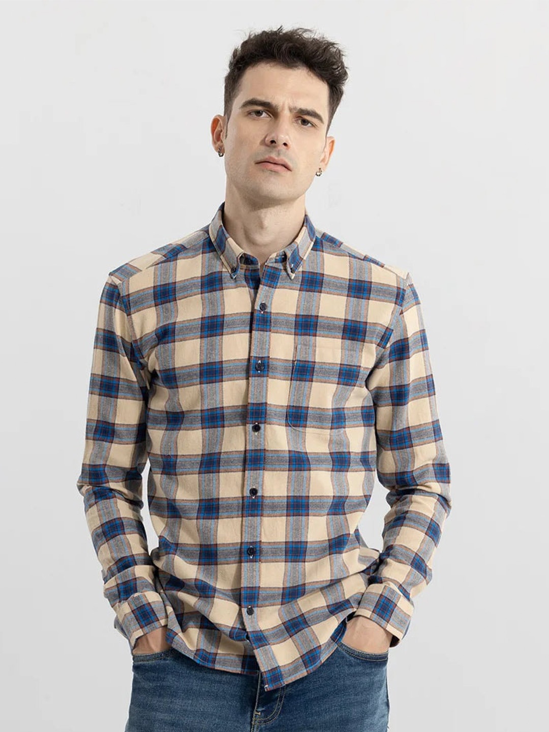 

Snitch Beige Classic Slim Fit Buffalo Checks Opaque Casual Shirt