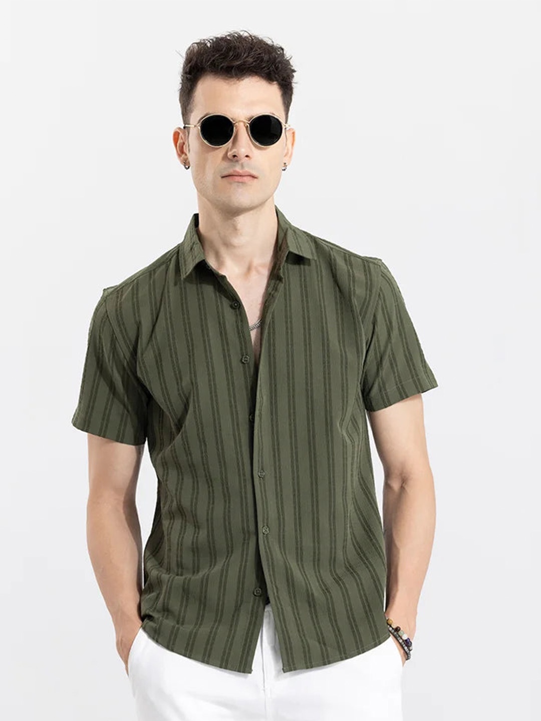 

Snitch Olive Green Classic Slim Fit Opaque Casual Shirt