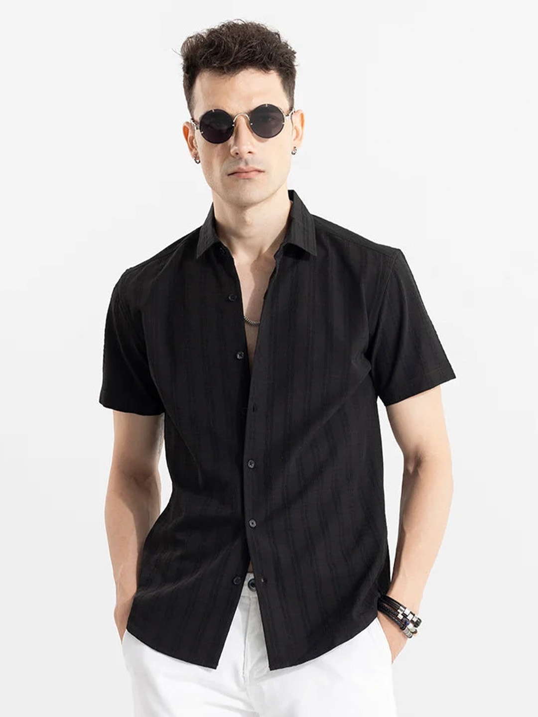 

Snitch Black Vertical Striped Cotton Classic Slim Fit Opaque Casual Shirt