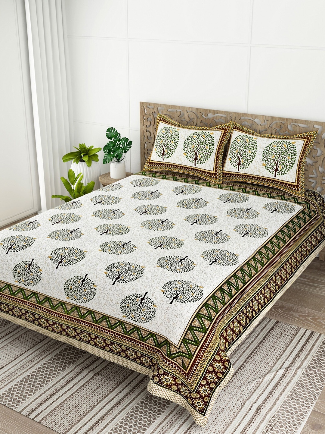 

Salona Bichona Green & White Floral Cotton 120 TC Queen Bedsheet with 2 Pillow Covers