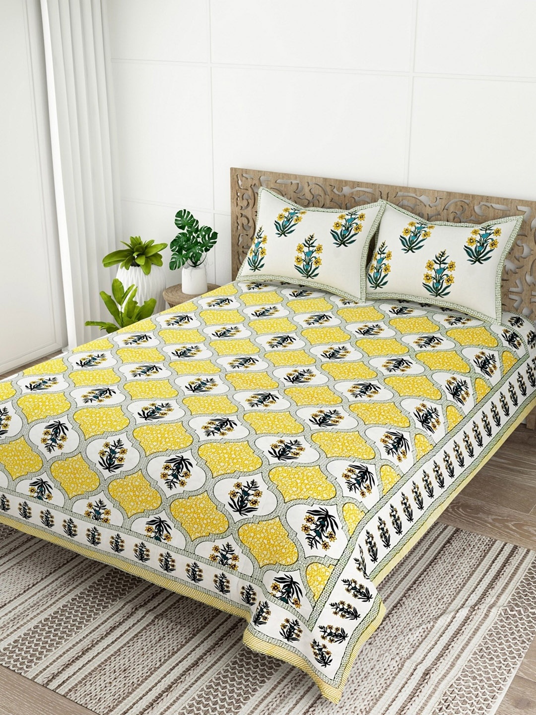 

Salona Bichona Yellow Floral Pure Cotton 120 TC Queen Bedsheet with 2 Pillow Covers