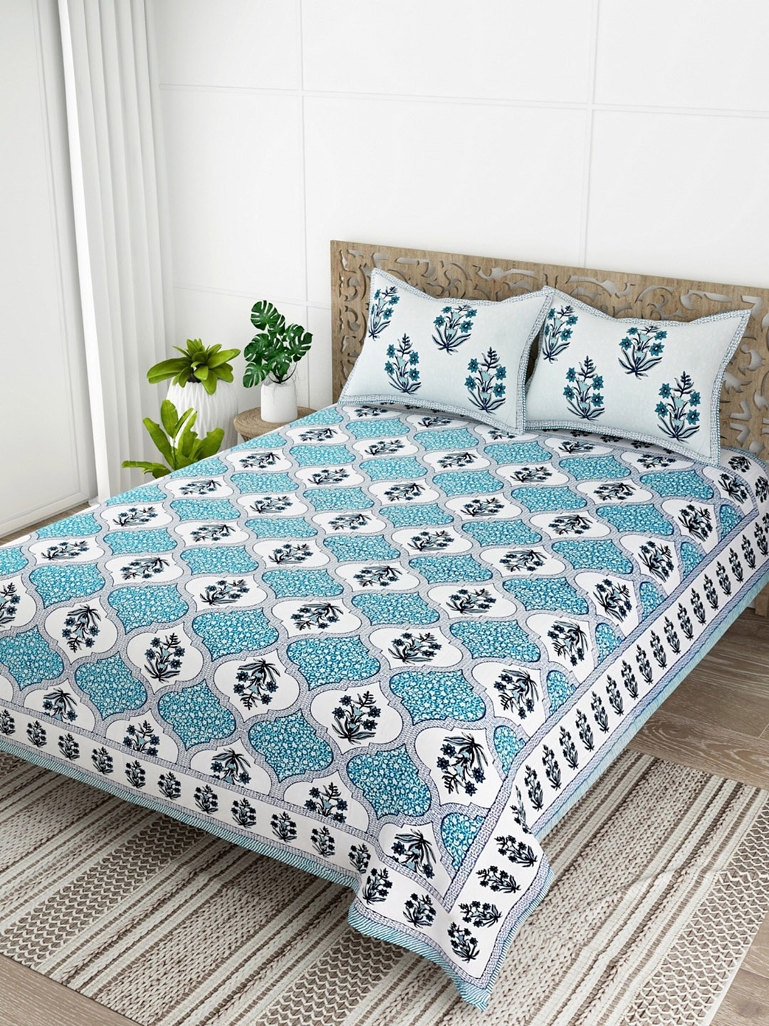 

Salona Bichona Turquoise Blue Printed Pure Cotton 120 TC Queen Bedsheet & 2 Pillow Covers
