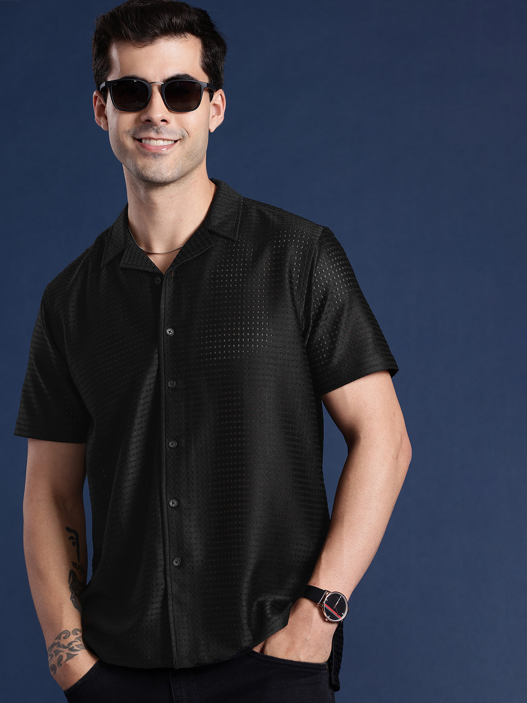 

Mast & Harbour Men Self Design Semi Sheer Party Shirt, Black