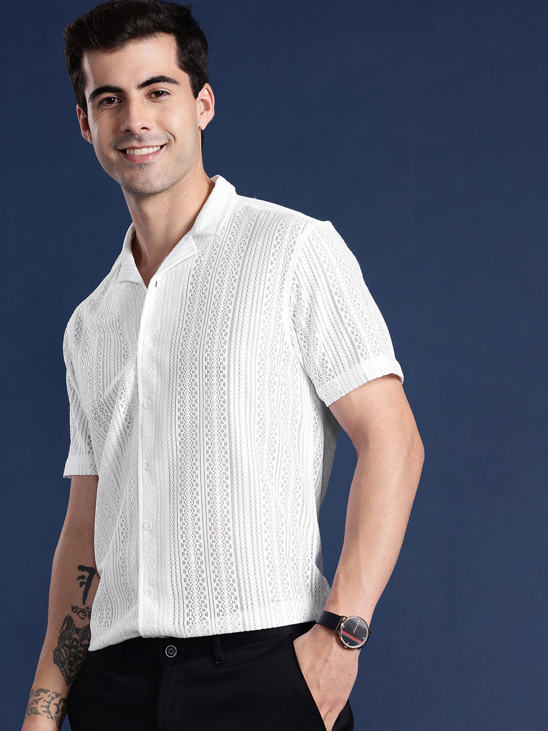 

Mast & Harbour Men Self Design Semi Sheer Casual Shirt, White