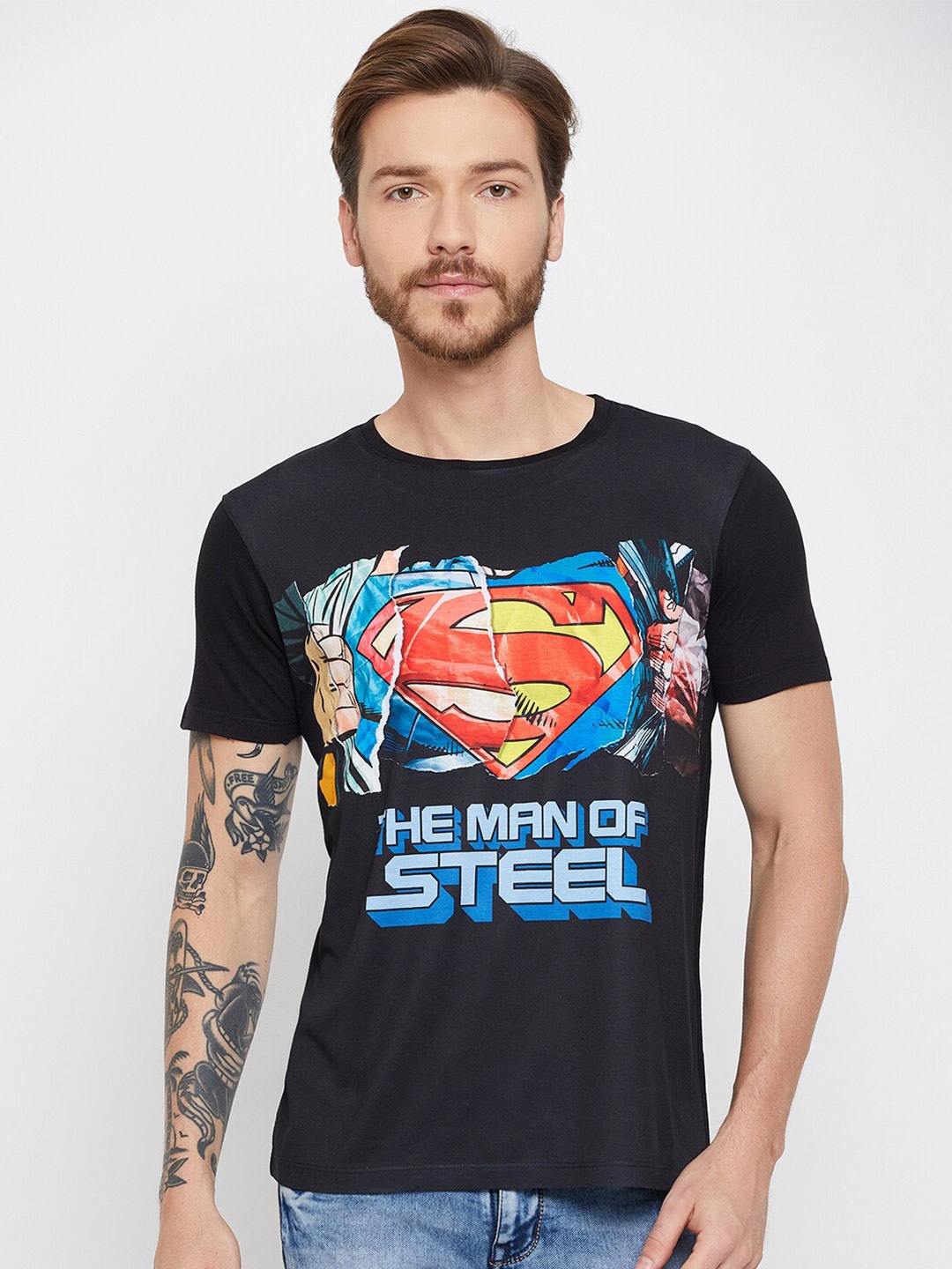 Wear Your Mind Superman Printed Round Neck T-shirt, Black