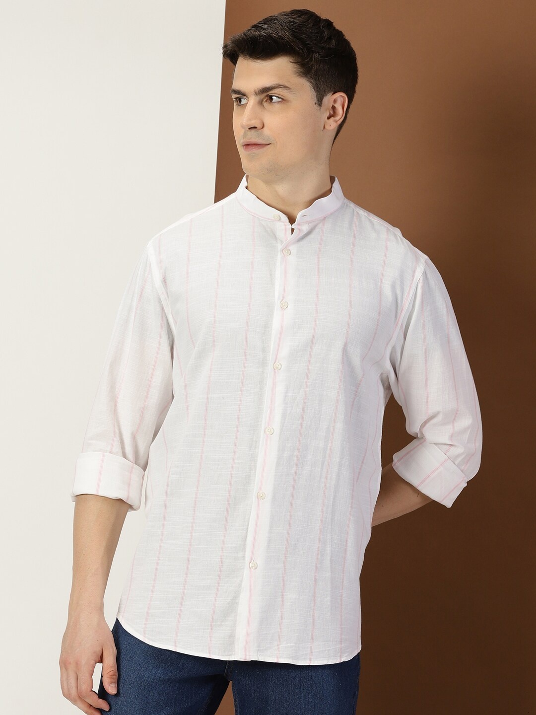 

INVICTUS Original Slim Fit Windowpane Checks Opaque Pure Cotton Casual Shirt, White