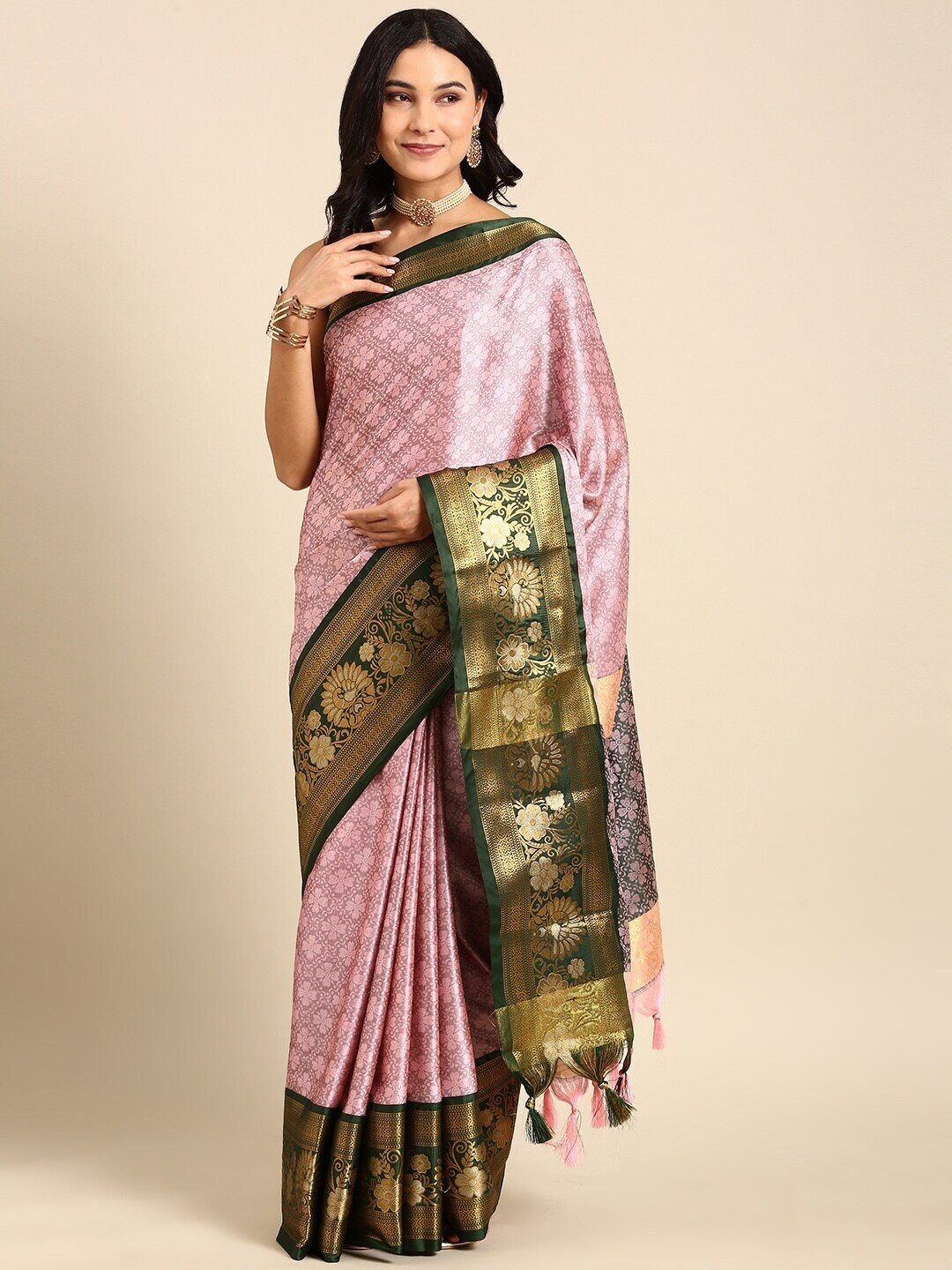 

Mitera Pink & Green Floral Woven Design Zari Silk Cotton Saree