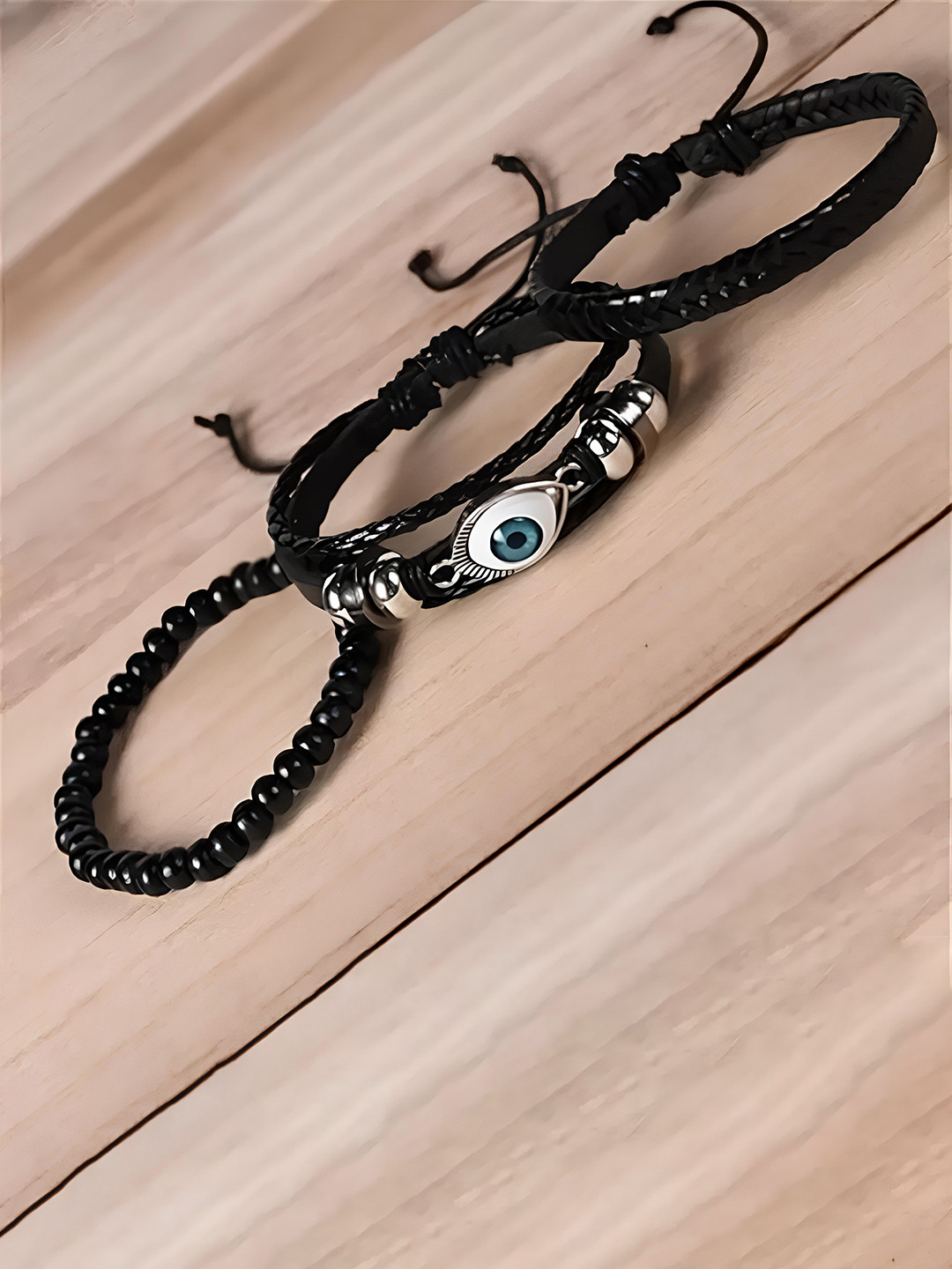 

KARISHMA KREATIONS Set Of 3 Artificial Beads Evil Eye Leather Bracelets, Black