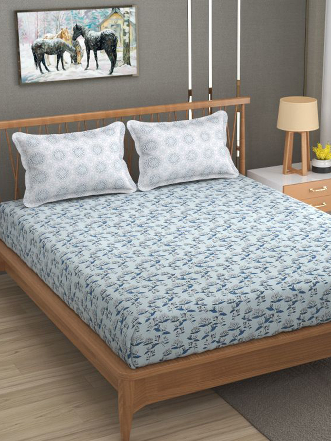 

Florida Blue & Black Floral Cotton Fitted 144 TC King Bedsheet With 2 Pillow Covers