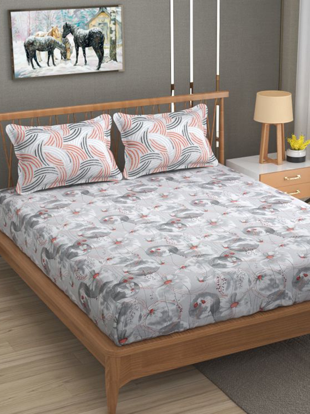 

Florida Grey & Red Floral Cotton 144 TC Fitted King Bedsheet with 2 Pillow Covers