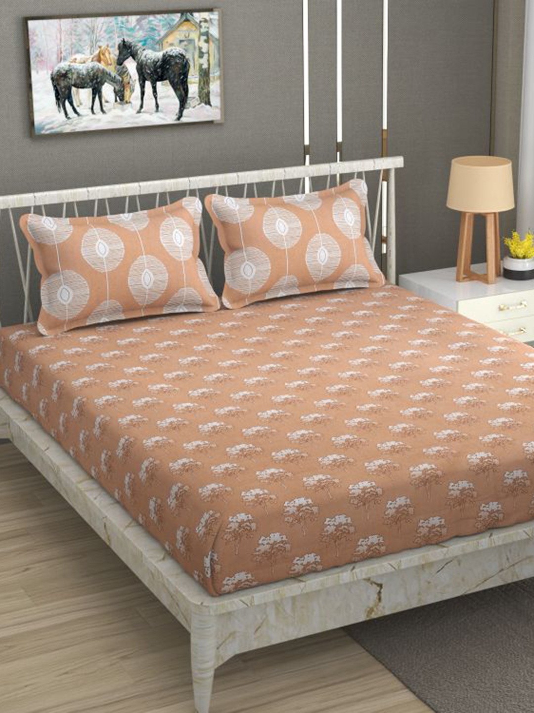 

Florida Orange Ethnic Motifs Cotton 144 TC Fitted King Bedsheet with 2 Pillow Covers