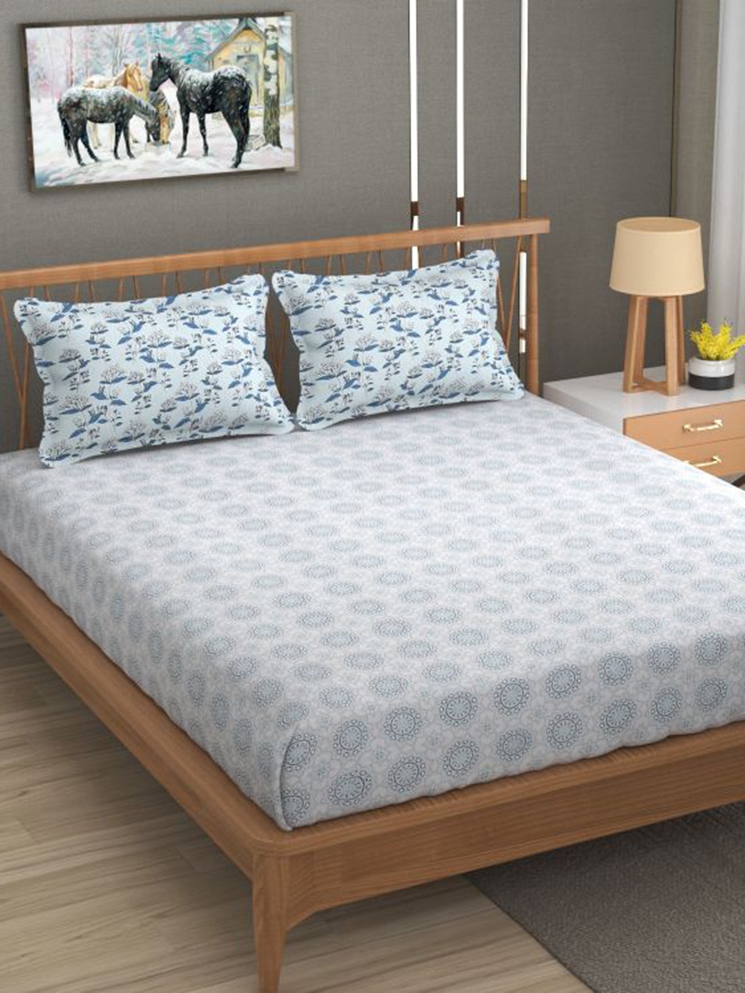 

Florida Blue Ethnic Motifs Cotton 144 TC King Fitted Bedsheet with 2 Pillow Covers