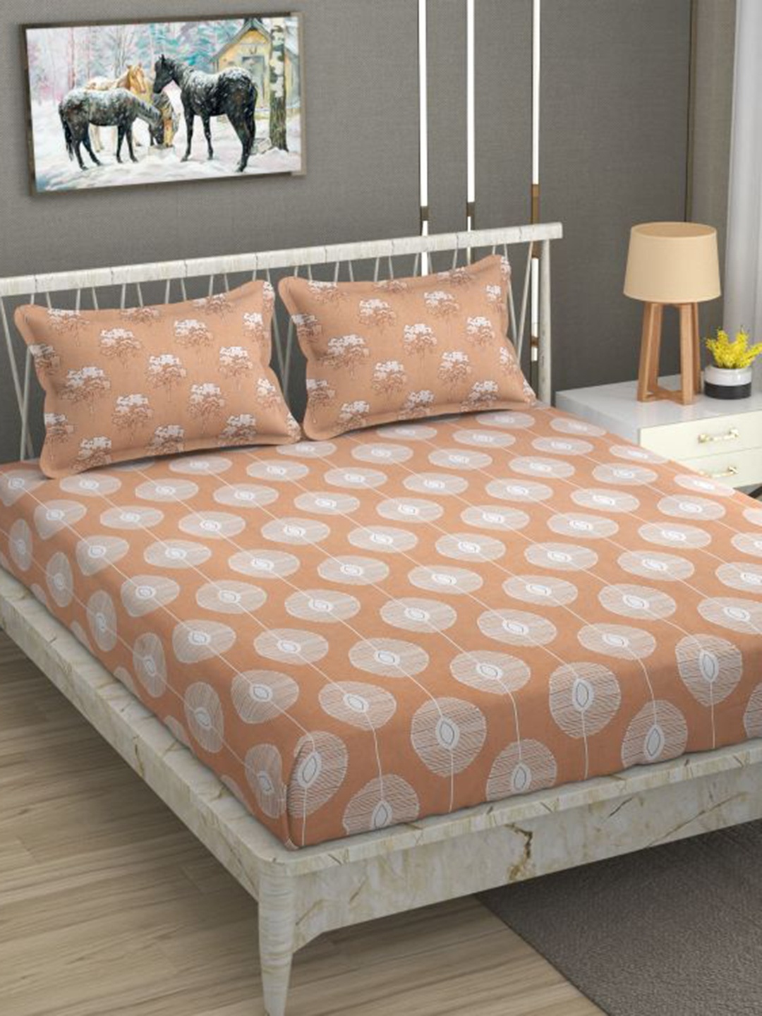 

Florida Grey & Brown Ethnic Motifs Cotton 144 TC Fitted King Bedsheet with 2 Pillow Covers
