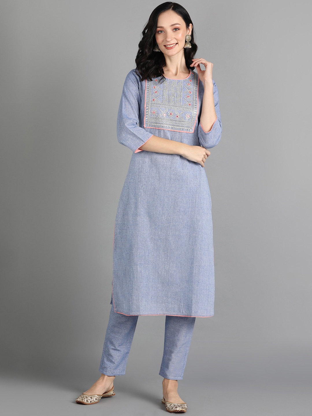 

KALINI Floral Embroidered Yoke Design Thread Work Pure Cotton Kurta With Pyjamas, Blue