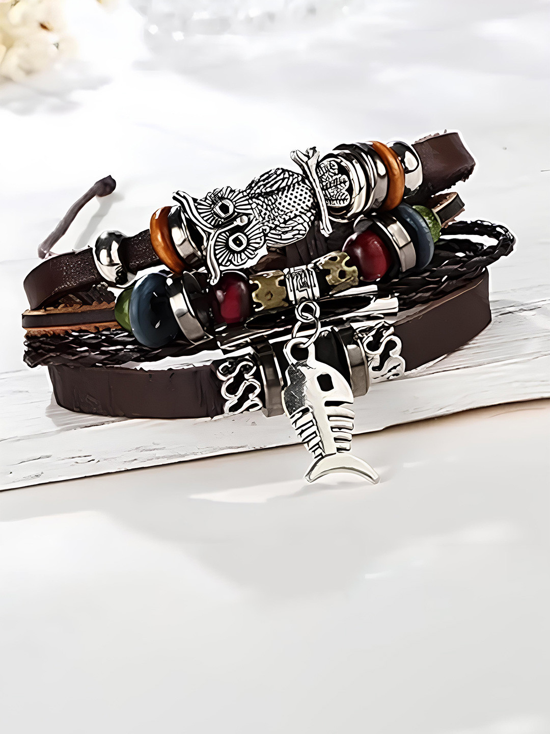 

KARISHMA KREATIONS Men Leather Silver-Plated Multistrand Bracelet, Brown
