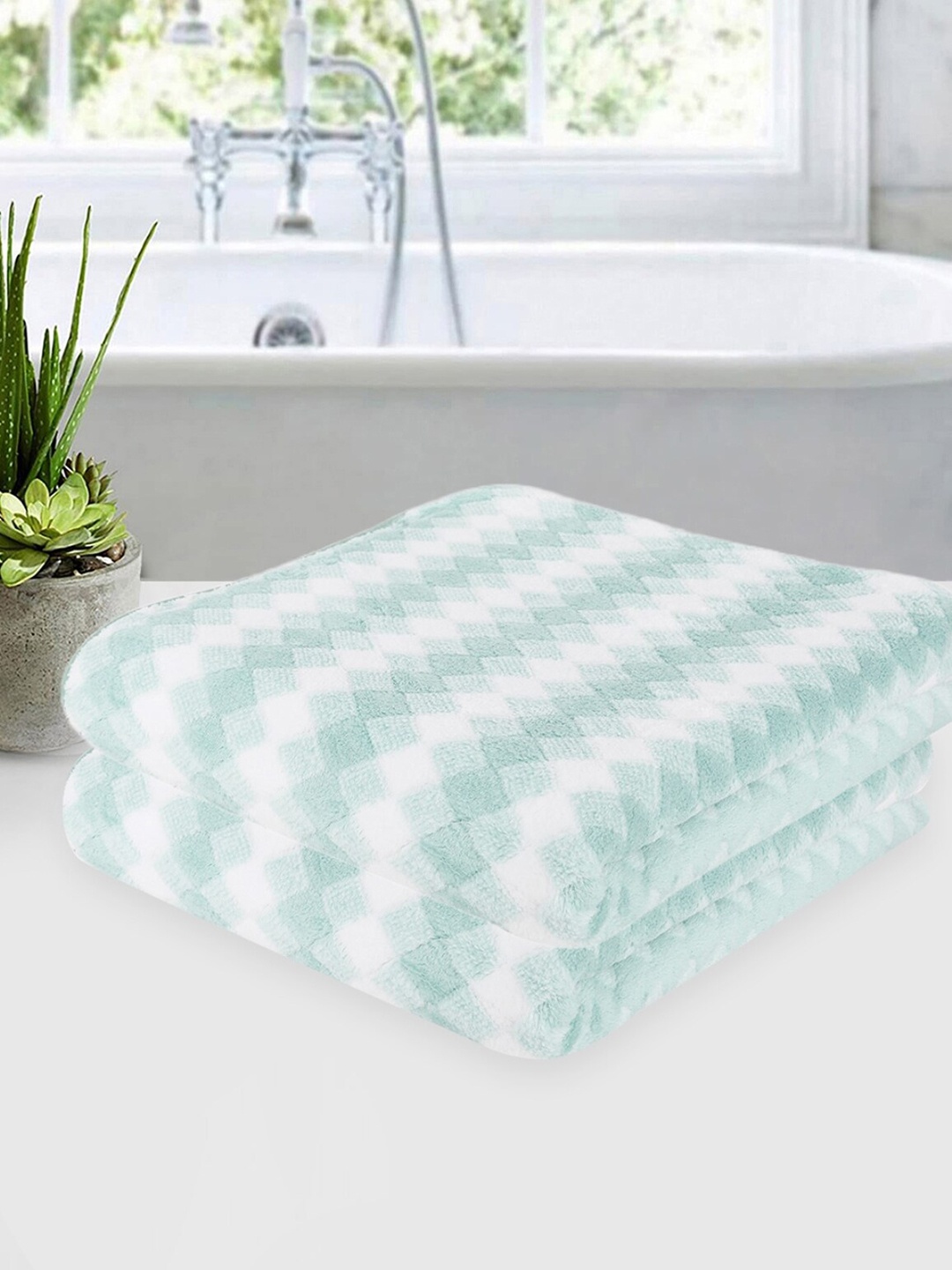 

ROMEE Green & White 2 Pieces Self Design Super Soft Microfiber 350 GSM Bath Towels