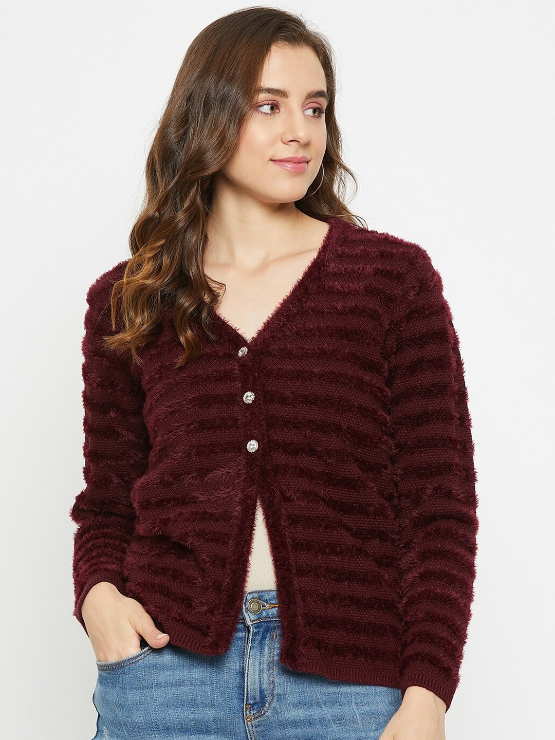 

Madame Striped V-Neck Acrylic Cardigan, Burgundy