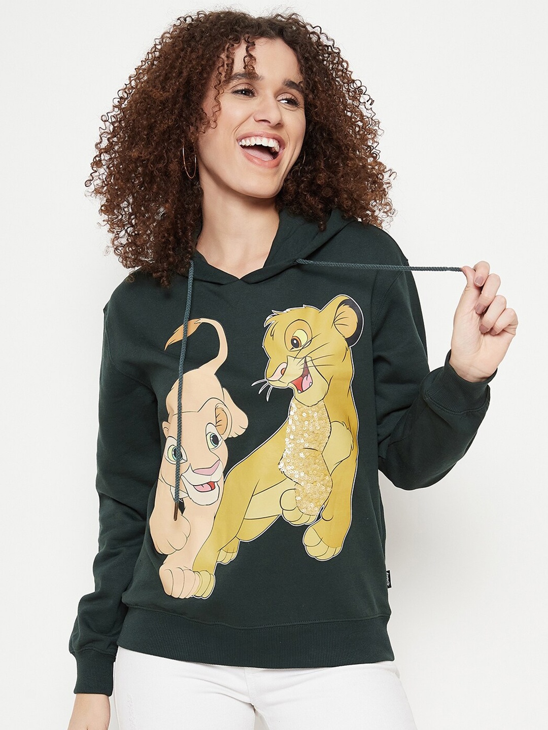 

Madame Lion King Printed Hooded Cotton Pullover, Green