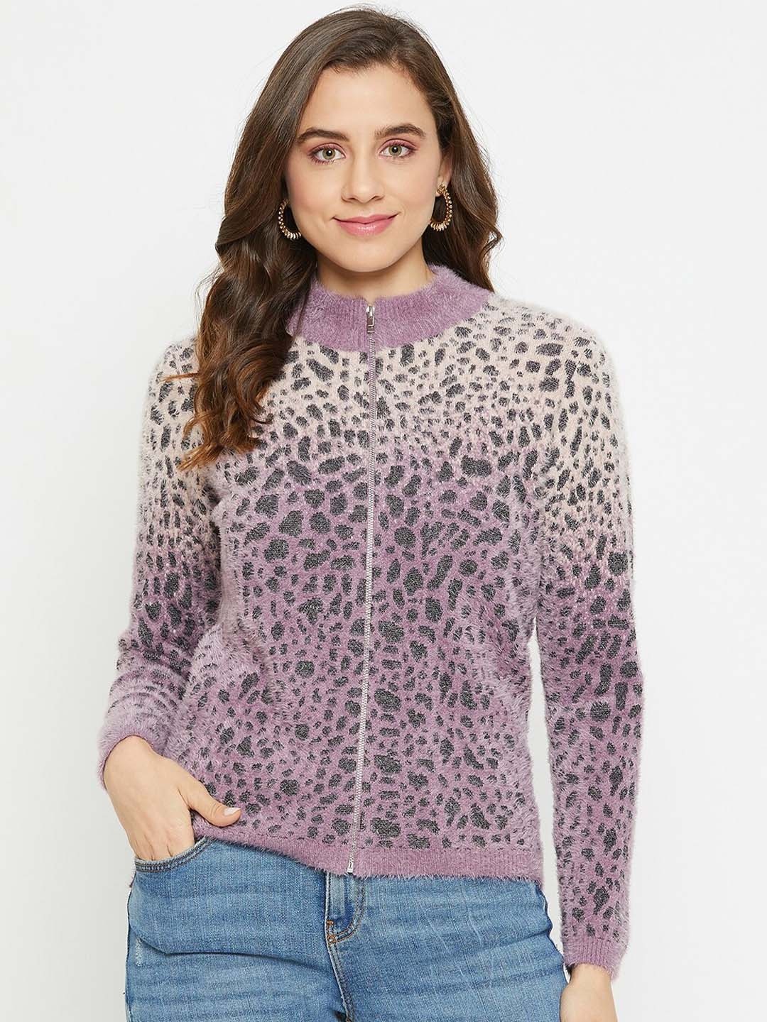 

Madame Animal Printed Mock Collar Acrylic Cardigan, Purple