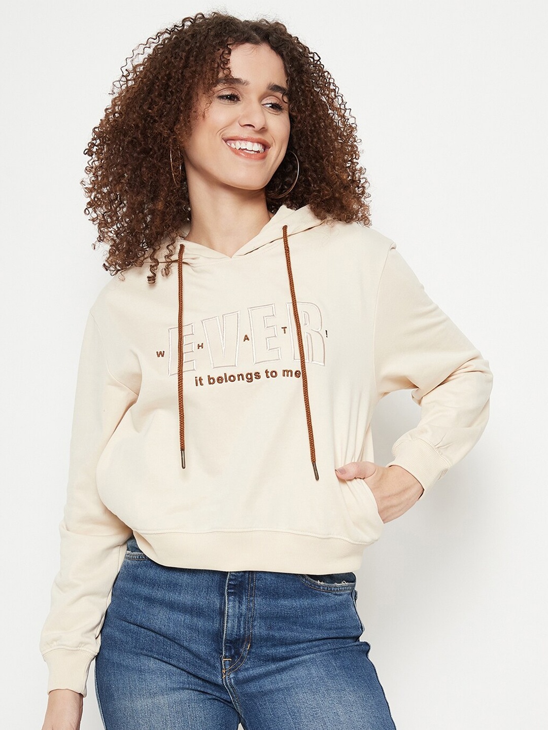 

Madame Typography Printed Cotton Hooded Pullover Sweatshirt, Off white